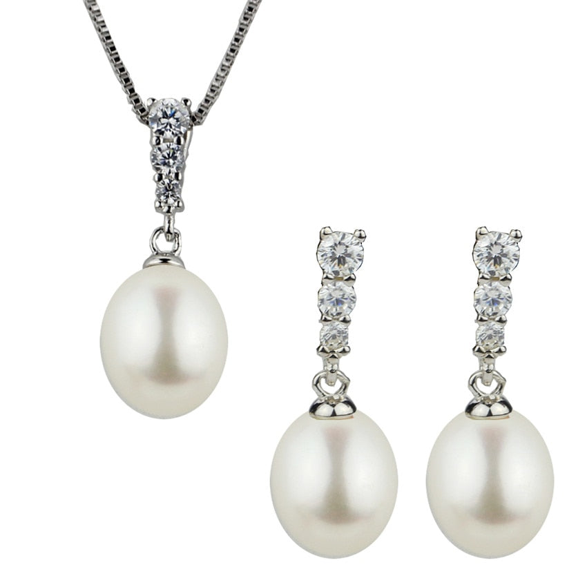 AAA 8-9mm drop pearl 925 sterling silver Pendant Earrings set genuine natural pearl jewelry sets
