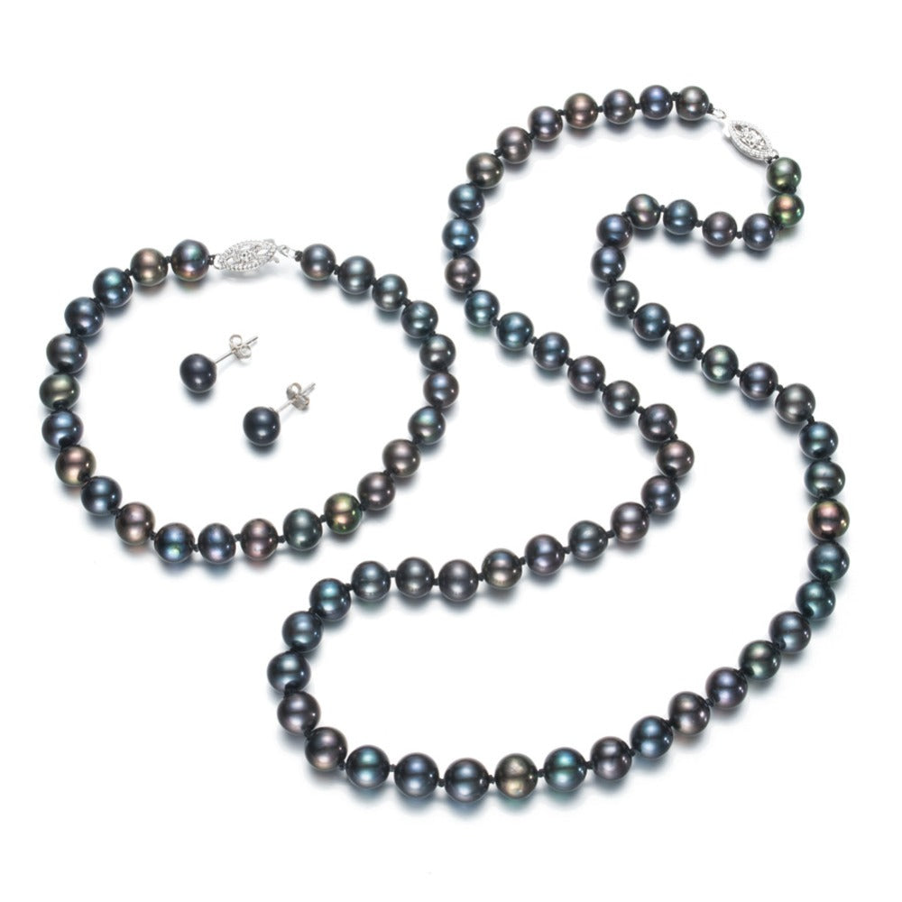 Prett Lovely Women's Wedding 7-8mm round AA Black Cultured Pearl Necklace Bracelet Earring Set