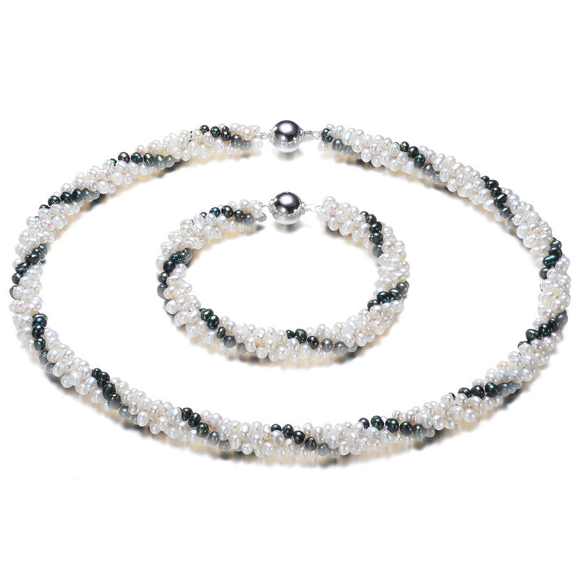 latest AA 3mm mixed color twist pearl necklace & Bracelet set natural cultured pearl jewelry set for women