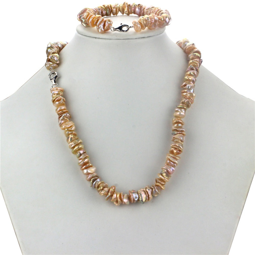 latest AA 9-10mm keshi pearl Necklace & Bracelet 925 sterling silver natural cultured pearl jewelry set for women