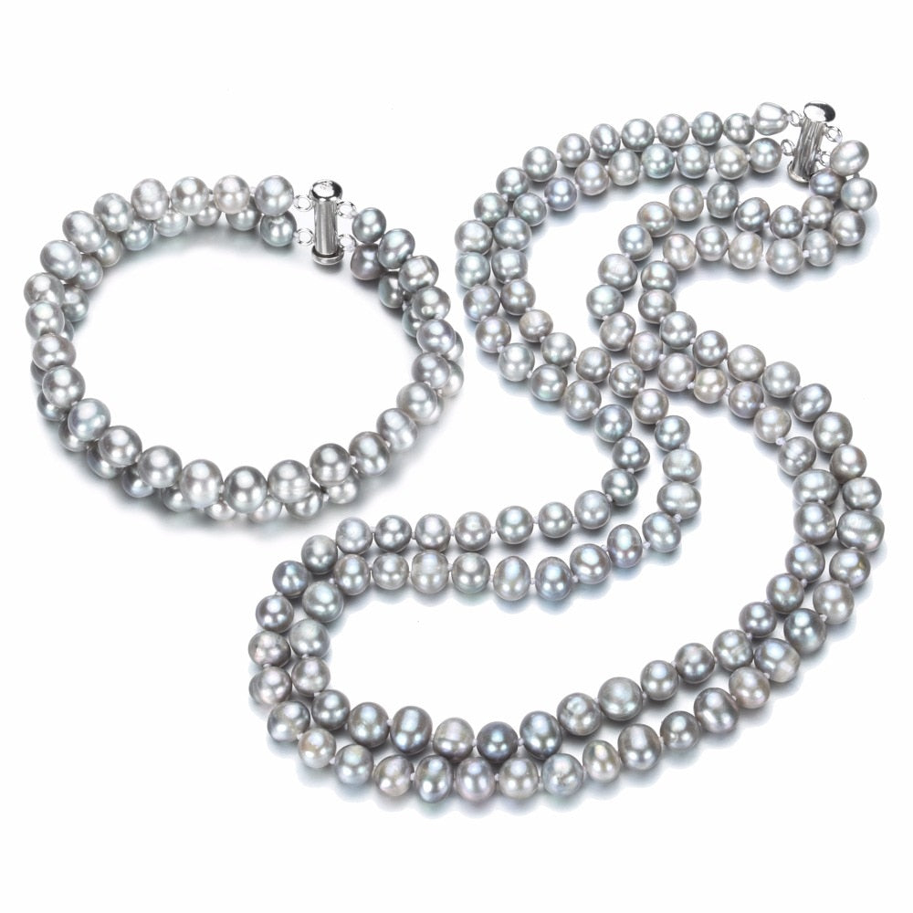 latest pearl necklace & Bracelet set 7mm AA gery color potato natural cultured pearl jewelry set for women