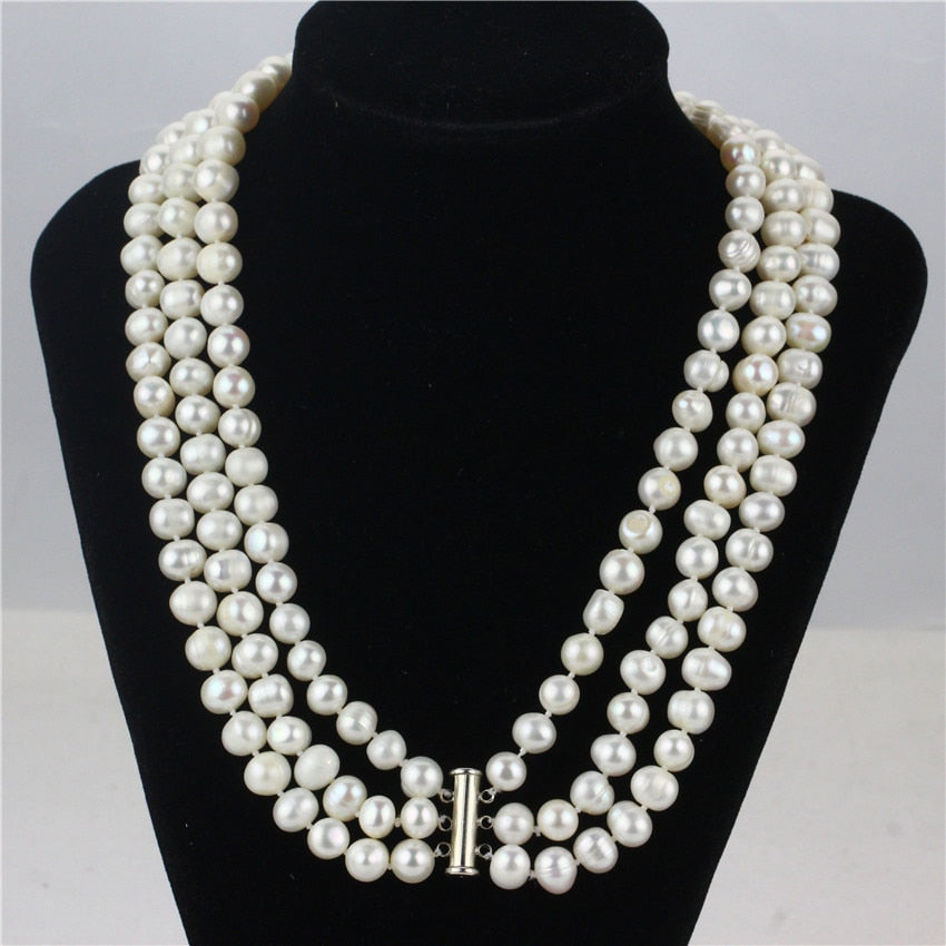 three rows design 8-9mm A potato genuine cultured natural pearl necklace 925 sterling silver clasp
