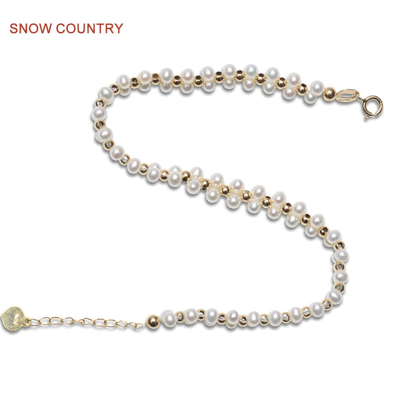 3-3.5 mm Genuine Small White Natural Pearl Handmade Bracelet 18K Solid Gold For girl Gift