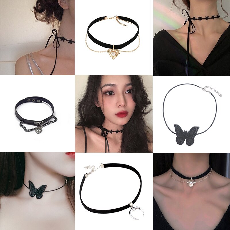 SOEuropean Popular Sexy Black Velvet Leather Lace Black Lace Women Choker Necklce Heart Moon Star Pendant Clavicle Chain
