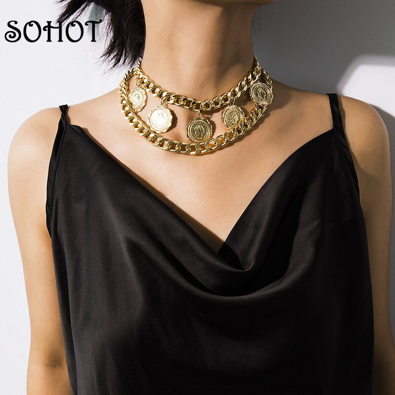 SOExaggeration Wide Double Layer Tassel Round Metal Pendant Women Choker Necklaces Chic Charming Female Party Jewelry Bijoux
