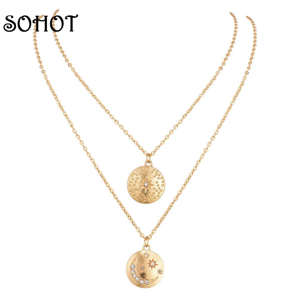 SOEthnic Style Round Pendant Chokers Necklaces Chic Imitaition Crystal Accessories Moon Star Shape For Gypsy Femme Gift