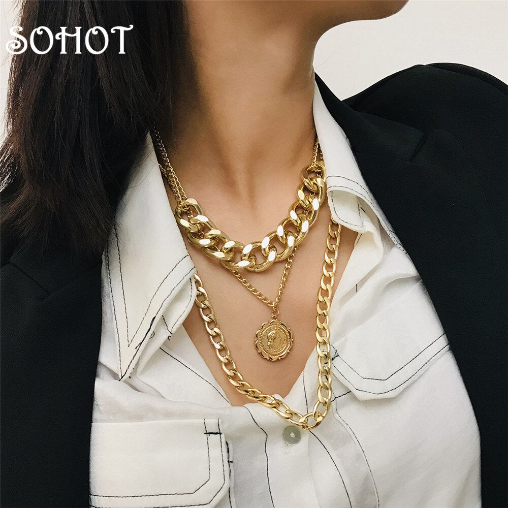 SO Oversize Big Hyperbole Punk Women Multilayer Chokers Necklaces Chic Small Emboss Round Pendant For Party Jewelry