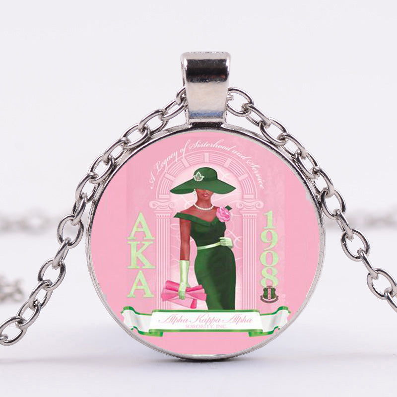 2020 Newest AKA Charm Necklace Statement Alpha Kap Alpha Sorority Glass Cabochon Art Photo Long Necklace Fashion Jewelry