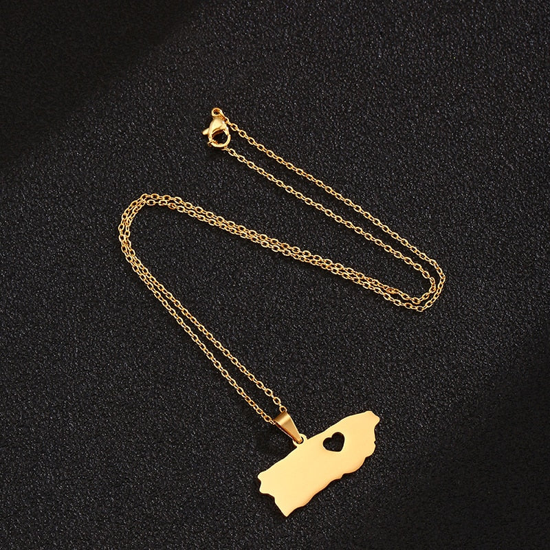 SONYA Heart Puerto Rico Map Pendant Necklaces for women Ethnic Stainless Steel Gold Color PR Puerto Ricans Party Jewelry Gifts