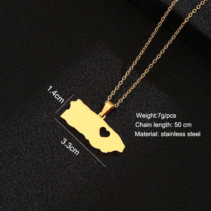 SONYA Heart Puerto Rico Map Pendant Necklaces for women Ethnic Stainless Steel Gold Color PR Puerto Ricans Party Jewelry Gifts