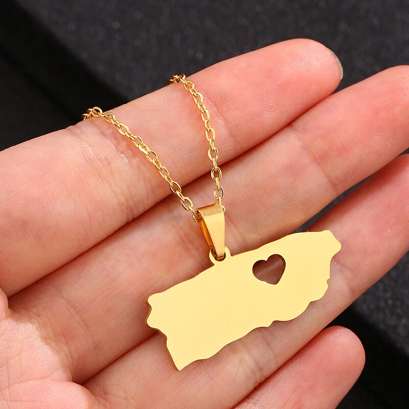 SONYA Heart Puerto Rico Map Pendant Necklaces for women Ethnic Stainless Steel Gold Color PR Puerto Ricans Party Jewelry Gifts