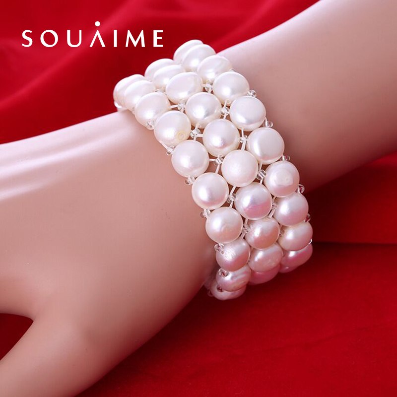 2020 Hot Selling 9-10MM Three Rows Of Natural Pearl Bracelet, White, Purple, Pink, Lady'S Hand Chain Holiday