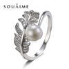 925 Sterling Silver Jewelry Feather Ring Natural Pearl White 6.5MM Girls Fine Jewelry