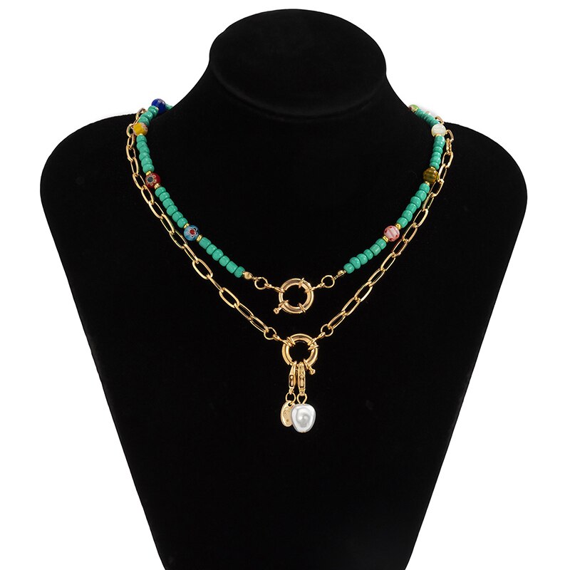 SRCOI Bohemia Gold Color Paperclip Chain Sailor&#39;s Clasp Chokers Colorful Beaded Flower Pearl Necklace Layered Tribal Jewelry