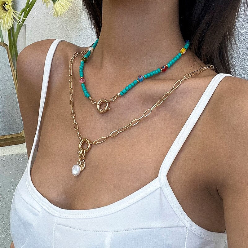 SRCOI Bohemia Gold Color Paperclip Chain Sailor&#39;s Clasp Chokers Colorful Beaded Flower Pearl Necklace Layered Tribal Jewelry
