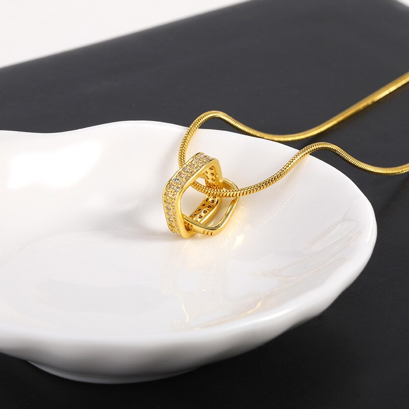 SRCOI Double Square Interlocking Necklace For Women Party Shiny Zircon Geometric Snake Bone Chain Choker Couple Sister Jewelry