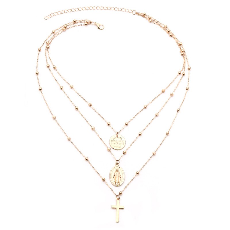Long Multi Layered Cross Necklace Pendant Virgin Mary Christian Religious Gold Silver Color Chain Bohemia Choker Necklace