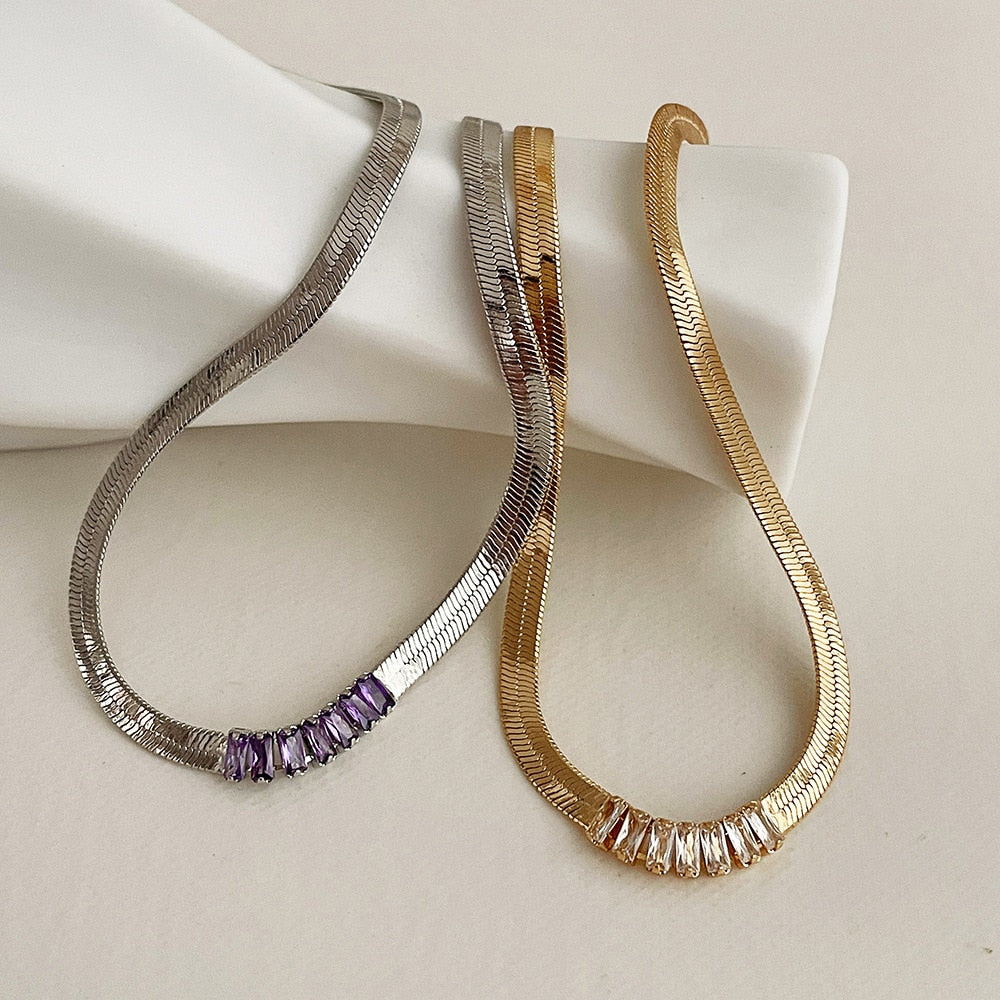 SRCOI Shiny Simple Wide Flat Snake Bone Chokers Necklace With Zircon Thick Herringbone Chain Clavicle Necklace Women Jewelry