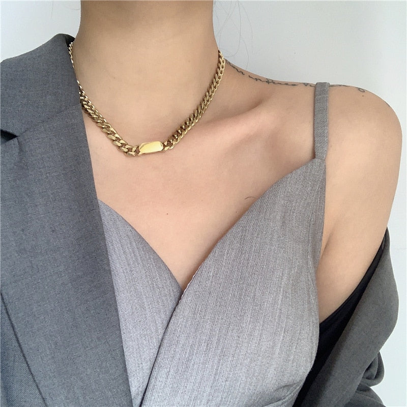 SRCOI Trendy Simple Titanium Steel Thick Chain Necklace Hip-Hop Style Exaggerated Women Clavicle Chain Jewelry Gifts