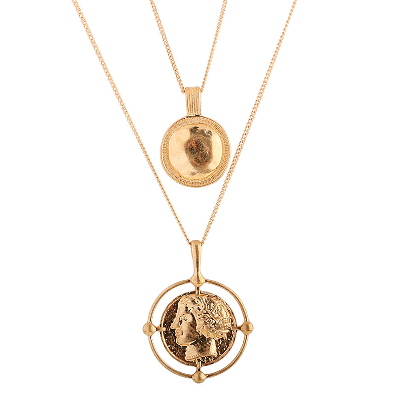 Vintage Gold Color Carved Coin Necklace Figure Medal Long Chain Double Layered Necklace Pendant Personalized Women Choker