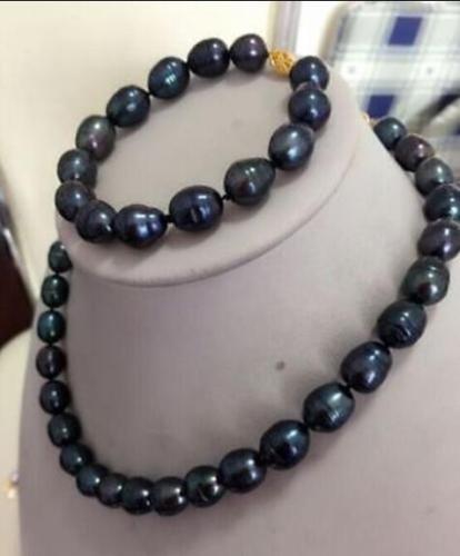 STUNNING 11-13MM SOUTH SEA BLACK PEARL NECKLACE 18 INCH BRACELET 8 925silver CLASP