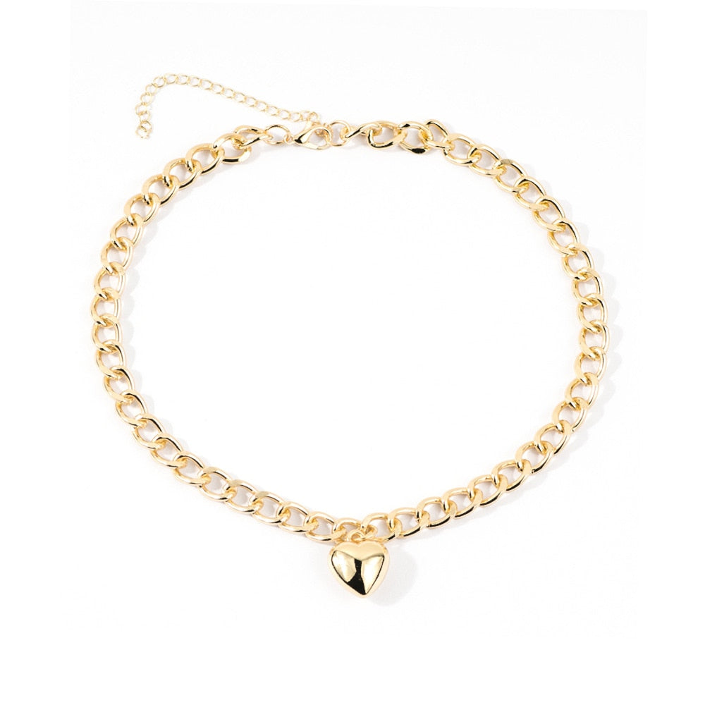 SUMENG  2022 Neck Chain Cute Heart Lock Necklace Gold Silver Color Choker Necklace Pendant Women Accessories