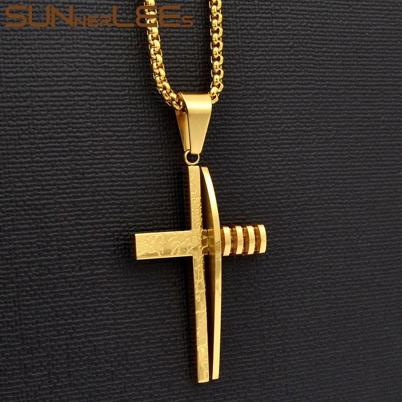 SUNNERLEES Jewelry Stainless Steel Jesus Christ Cross Pendant Necklace Silver Color Gold Plated Link Chain Men Women Gift SP241