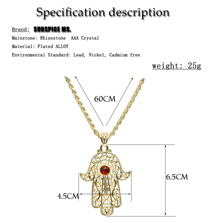 SUNSPICE-MS Gold Color Morocco Long Pendant Necklace for Women Arabic Hiphop Jewelry Turkish Ethnic Wedding Palm Bijoux