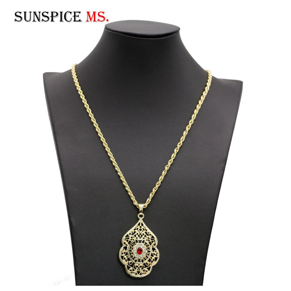 SUNSPICE-MS Morocco Caftan Pendant Necklace for Women Gold Color Ethnic Wedding Jewelry Metal Arabesque DuBai Bijoux
