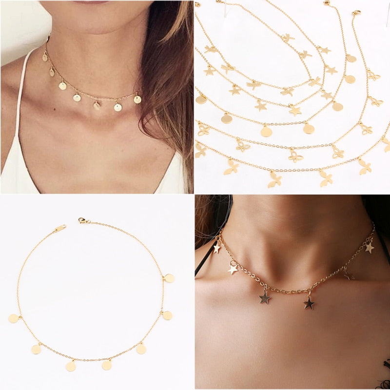 SUQI Non-fading stainless steel Round Tassel star gold Necklace Women Choker Necklaces Pendants Femme Chain jewelry gift