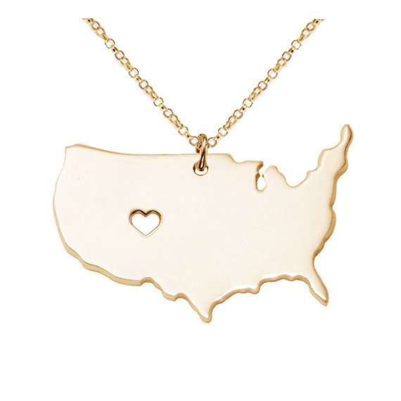 Large Necklace,Rose Gold Color America Map Pendant,Personalized USA State Necklace ,Collar Chain Necklace With Heart