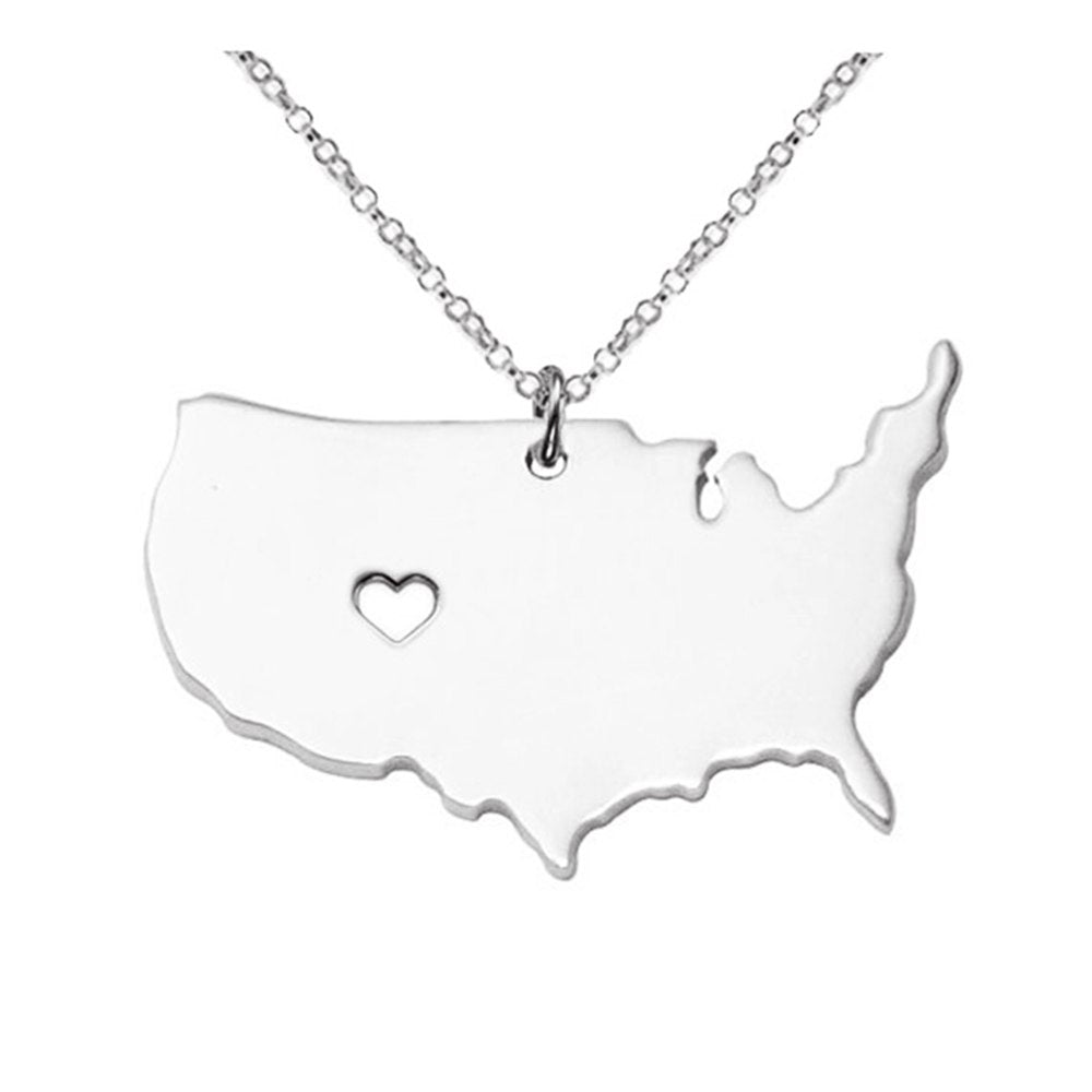 Large Necklace,Rose Gold Color America Map Pendant,Personalized USA State Necklace ,Collar Chain Necklace With Heart