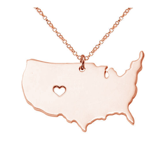 Large Necklace,Rose Gold Color America Map Pendant,Personalized USA State Necklace ,Collar Chain Necklace With Heart