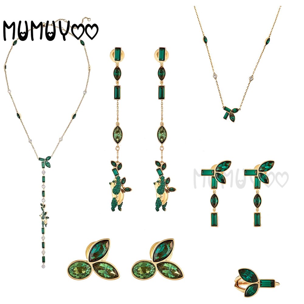 SWA 2021  Jewelry Charm Bamboo Hollow Green Leaf Crystal Pendant Necklace Women's Gift