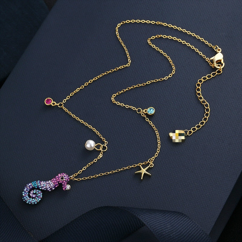SWA Jewelry  Charm Sweet Romantic Blue Cute Colorful Ocean Seahorse Female Necklace Romantic Gift For Women