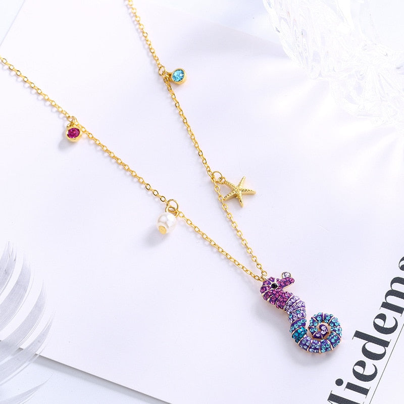 SWA Jewelry  Charm Sweet Romantic Blue Cute Colorful Ocean Seahorse Female Necklace Romantic Gift For Women