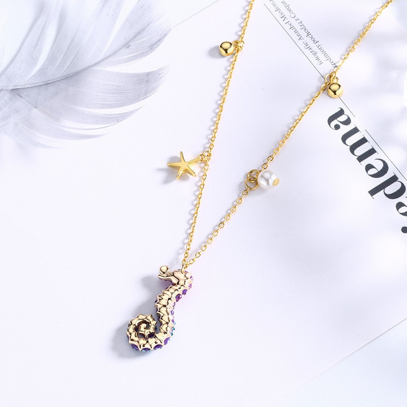 SWA Jewelry  Charm Sweet Romantic Blue Cute Colorful Ocean Seahorse Female Necklace Romantic Gift For Women