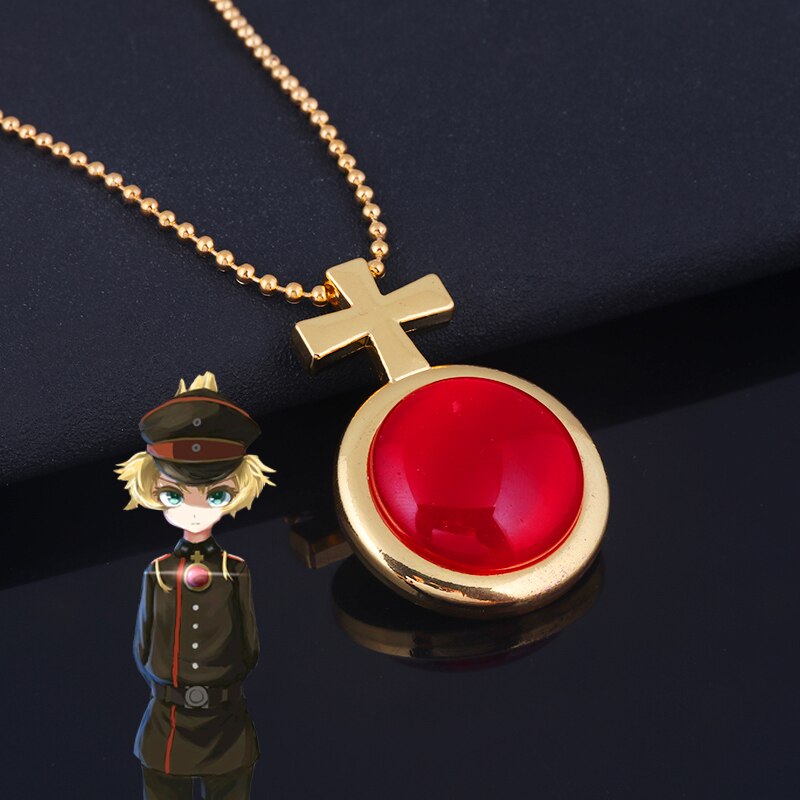 Saga of Tanya the Evil Cosplay Necklace Tanya Degurechaff Red Crystal Cross Gold Chain Necklace Pendant for Women Men Jewelry