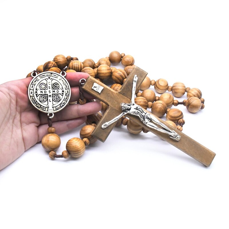 Saint Benedict CSPB Medal Wooden Bead Chain Rosary Necklace Catholic NRI Large Cross Pendant Necklaces Religious Wall Decor Gift