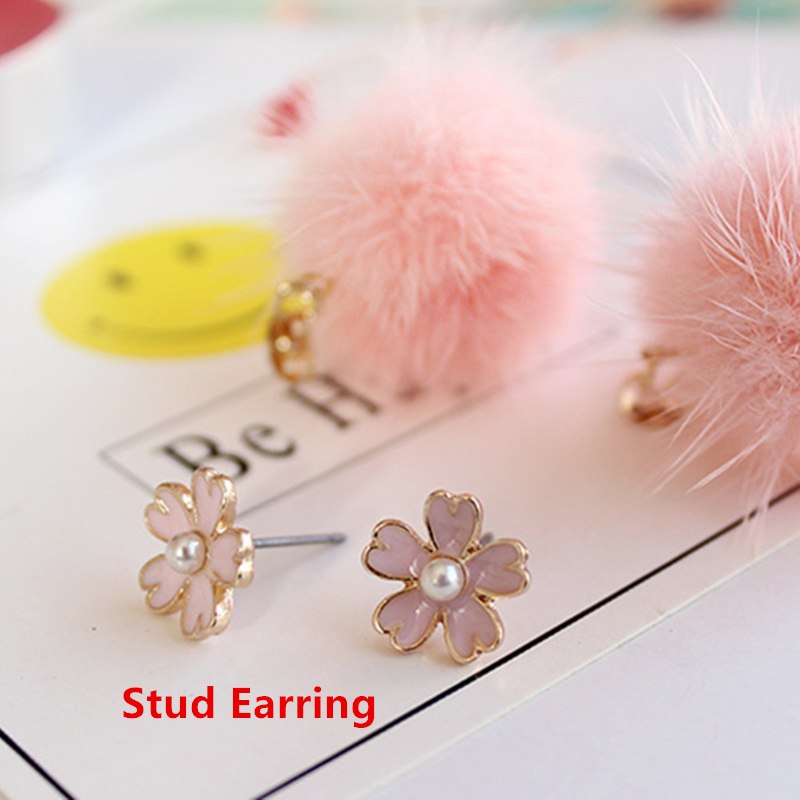 Sakura Stud Earring With Cute Pink Hairy Ball 2020 New Fashion Jewelry Gifts for Women Wholesale Accessory