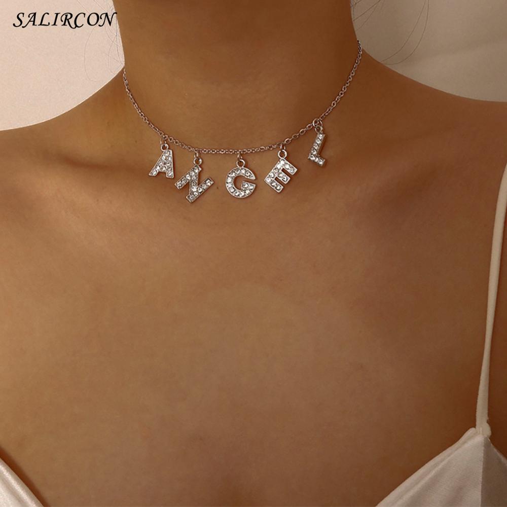 Salircon Letter ANGEL Pendant Name Necklaces 2021 Silver Color Short Rhinestone Choker Necklace For Women Couple Jewelry