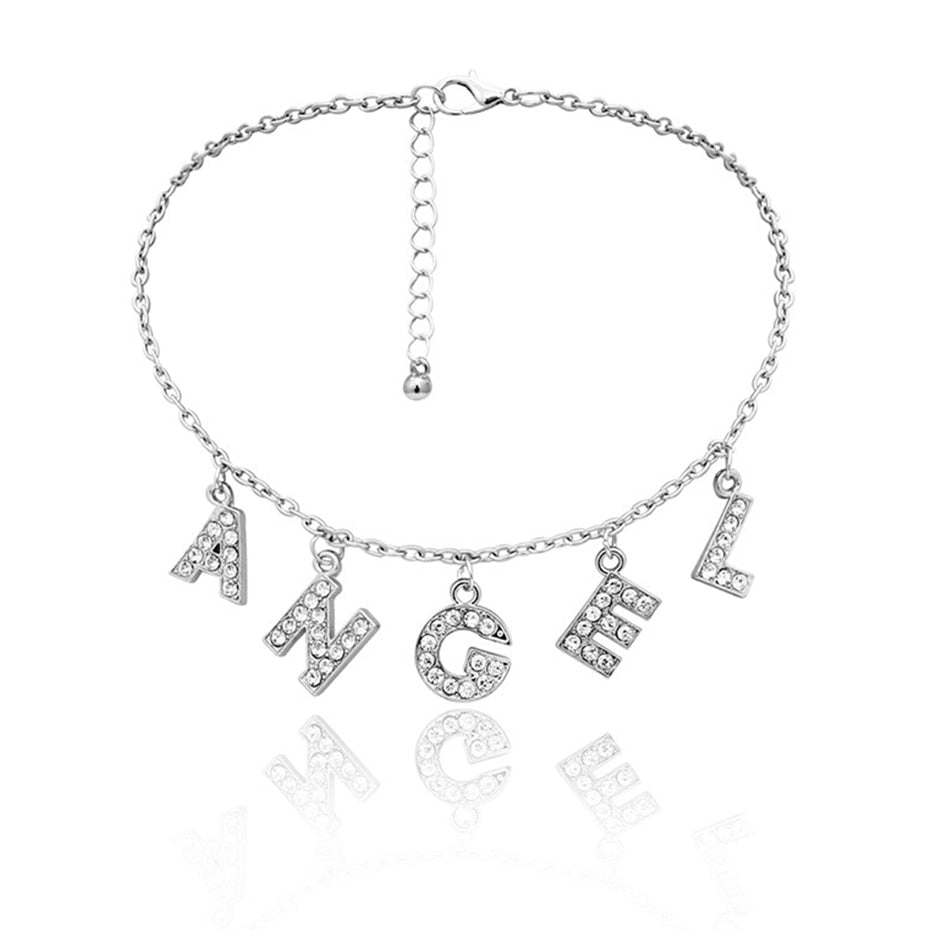Salircon Letter ANGEL Pendant Name Necklaces 2021 Silver Color Short Rhinestone Choker Necklace For Women Couple Jewelry
