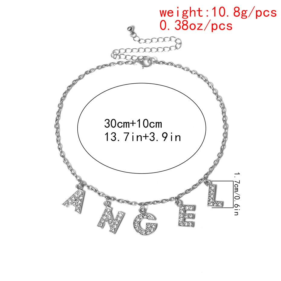 Salircon Letter ANGEL Pendant Name Necklaces 2021 Silver Color Short Rhinestone Choker Necklace For Women Couple Jewelry