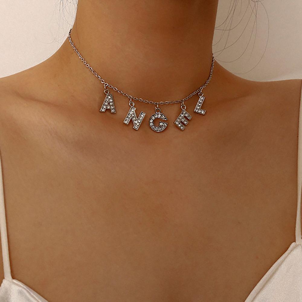 Salircon Letter ANGEL Pendant Name Necklaces 2021 Silver Color Short Rhinestone Choker Necklace For Women Couple Jewelry