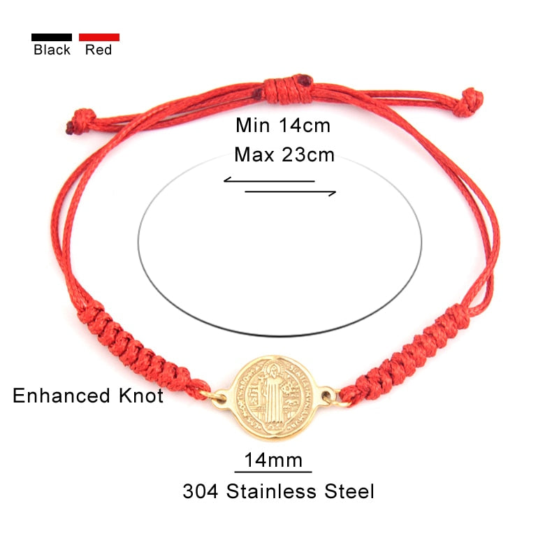 San Benito Women Men Rope Cord Adjustable Bracelet The Saint Benedict Medal pendant Stainless steel black red color