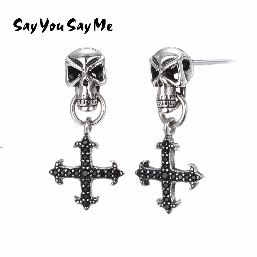 925 Silver Cross Earrings Motorbiker Accessories Gothic Style Skull Earrings Dropshipping Wholesales