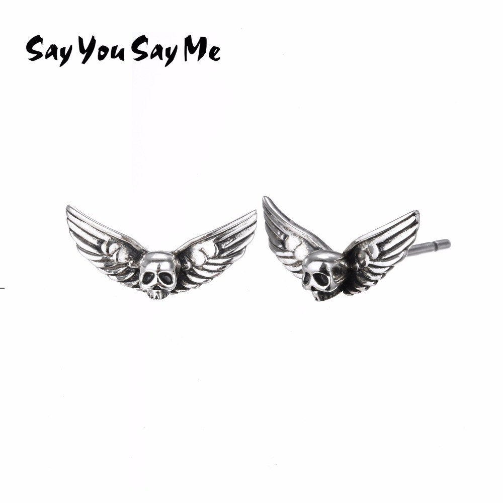 925 Silver Wings Stud Earrings Punk Style Feather Skull Earrings Motorcycle Party Dropshipping Wholesales