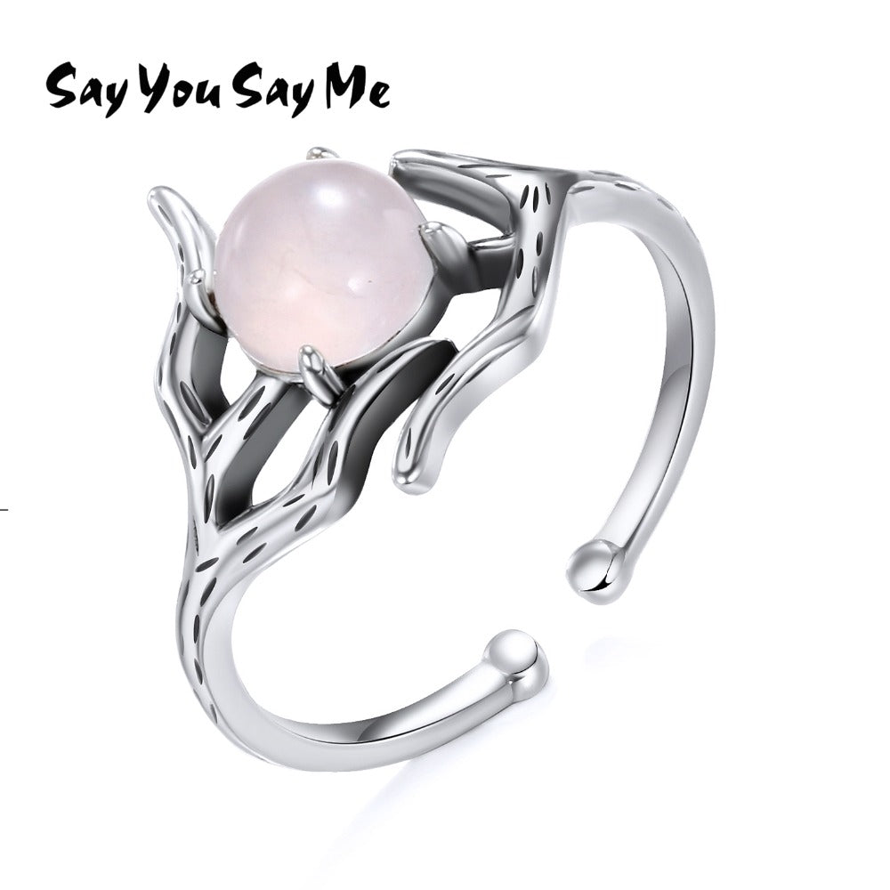 925 Sterling Silver Branch Rings Unisex Wedding&Engagement Opening Jelly Pink Glass Rings Wholesale 2020 Fashion