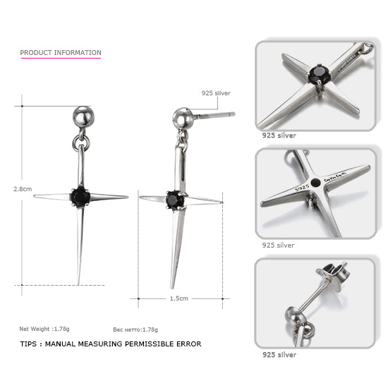 925 Sterling Silver Cross Earrings Prevent Allergy Black Zircon Earrings Co Unisex 2020 New Arrival Best Gift