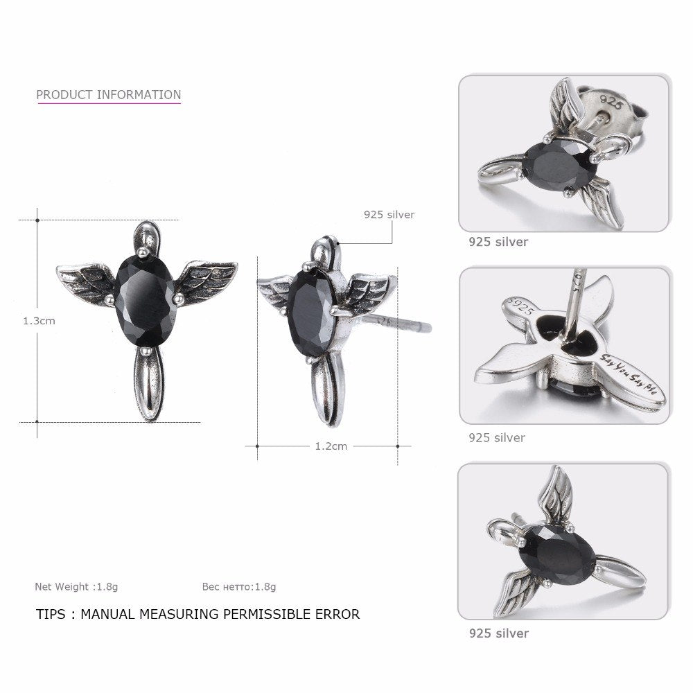 925 Sterling Silver Jewelry Silver Female Earrings Black Zircon Gemstones Earrings Angel Wings for Women